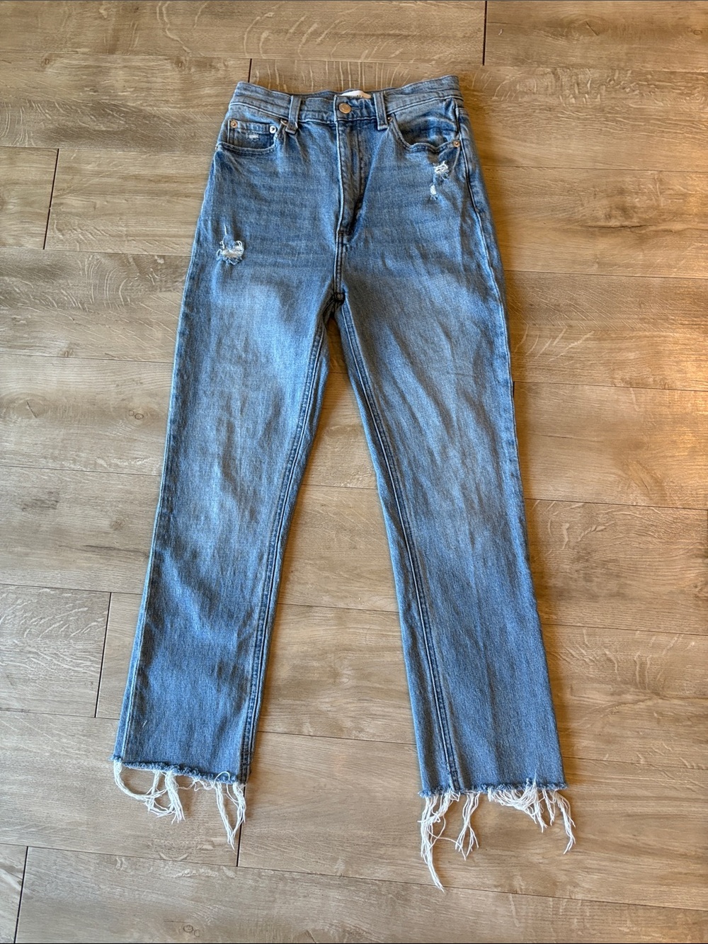 Pistola - Revolve Washed Blue Straight Leg Jeans with Frayed Hem Size 26